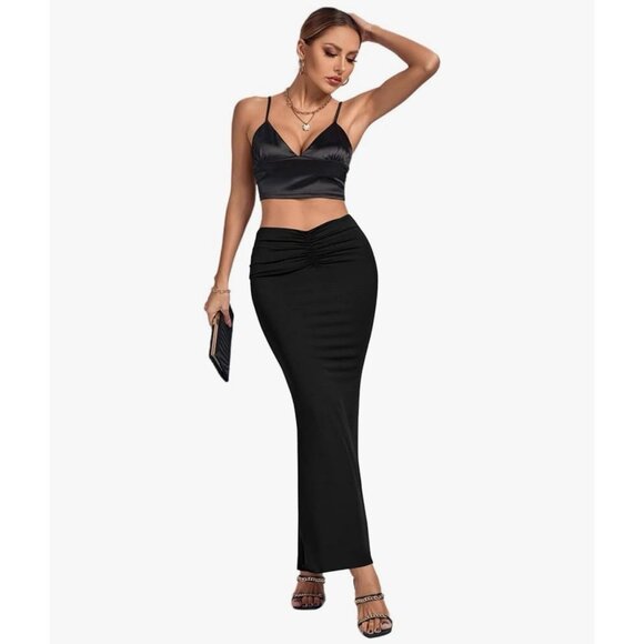 Women's Solid High Waist Lightweight Bodycon Pencil Stretch Maxi Skirt Ruched S - Picture 4 of 7